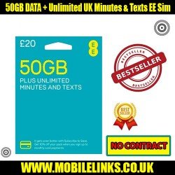 50GB DATA + Unlimited UK Minutes & Texts for 30 Days - PayG EE SIM - NO CONTRACT